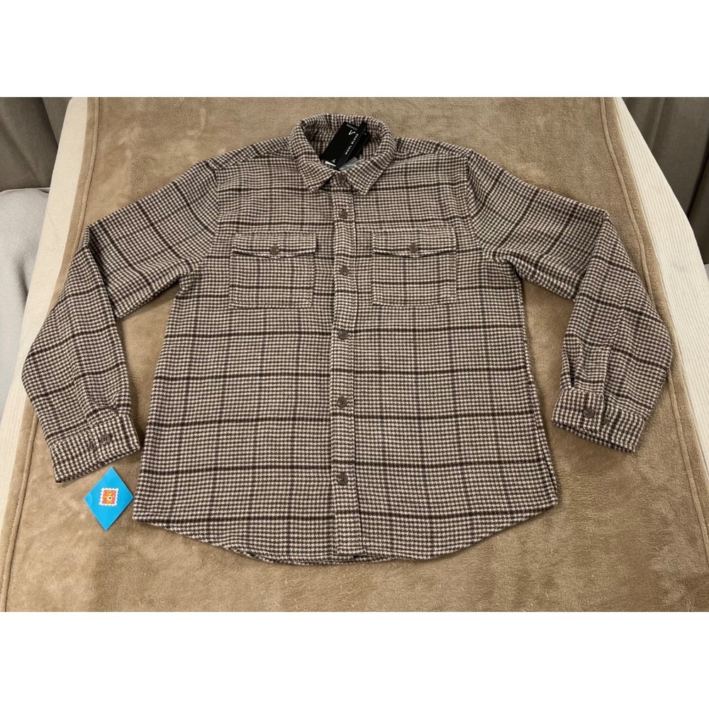 Magaschoni Shirt Jacket‎ Mens L Brown Houndstooth Plaid Flannel MSRP $78.00 NEW